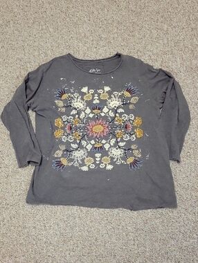 Kyla Seo Grey Floral Handmade Embroidered Long Sleeve Tee Small Artsy Boho